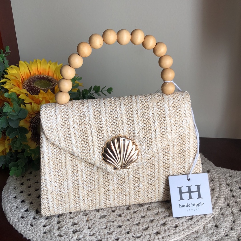 Haute Hippie Cream Woven Straw Top-Handle Bag with Shell Clasp - Picture 10 of 10
